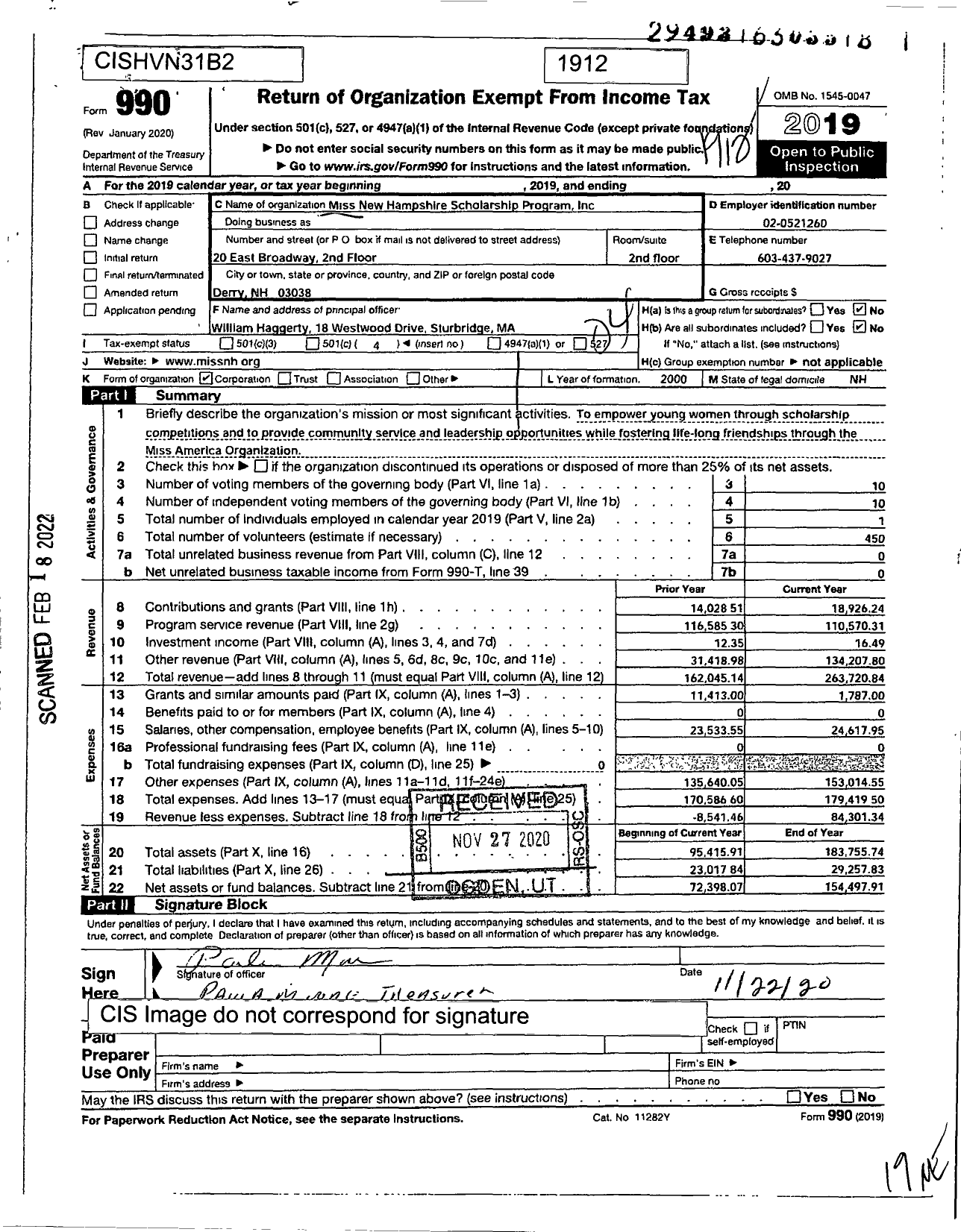 Image of first page of 2019 Form 990O for Miss New Hampshire Scholarship Program