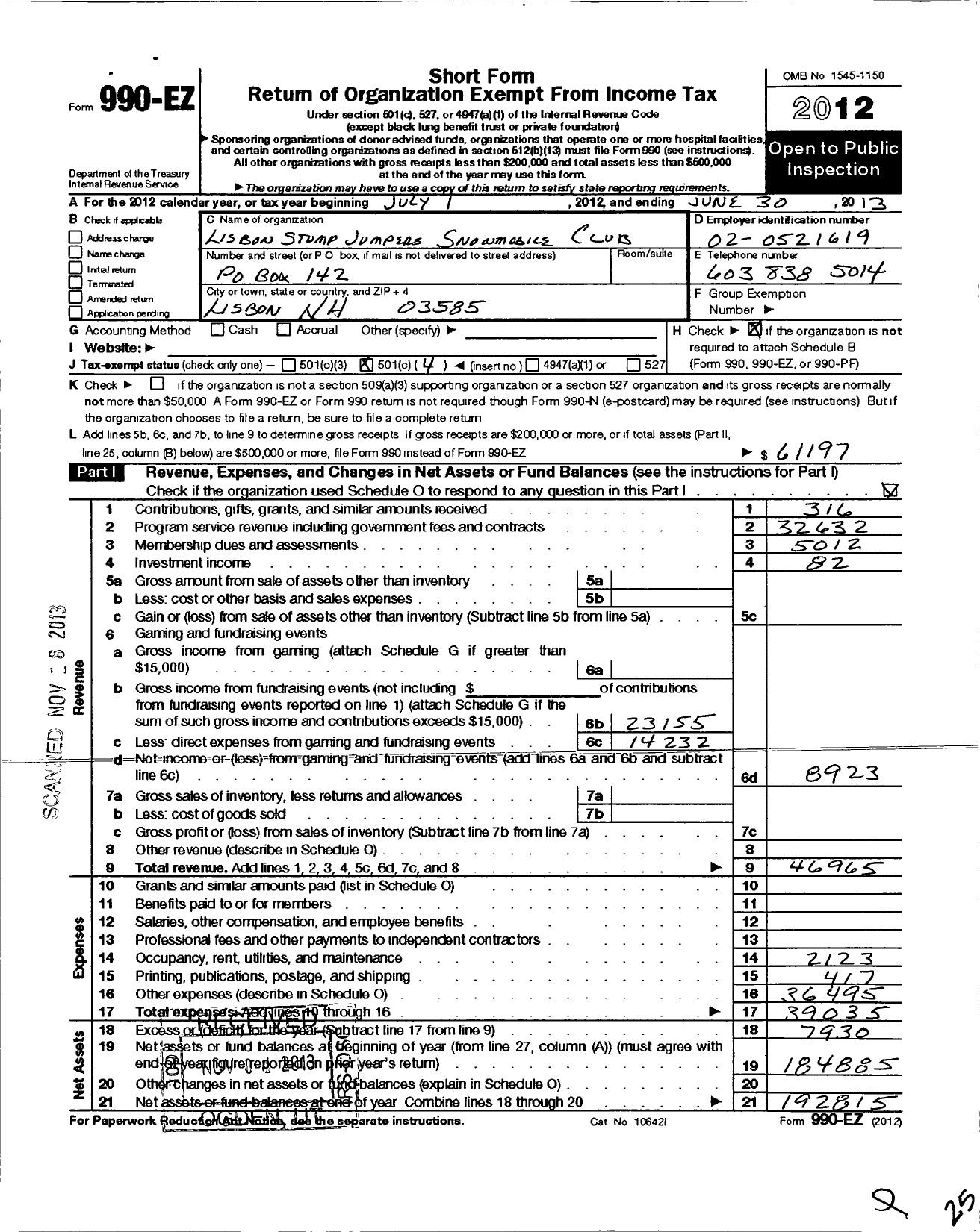 Image of first page of 2012 Form 990EO for Lisbon Stump Jumpers