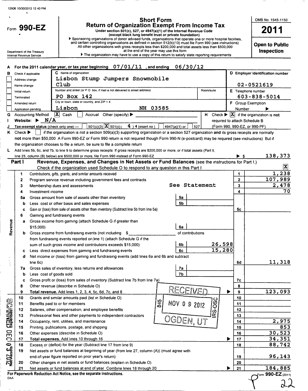 Image of first page of 2011 Form 990EO for Lisbon Stump Jumpers