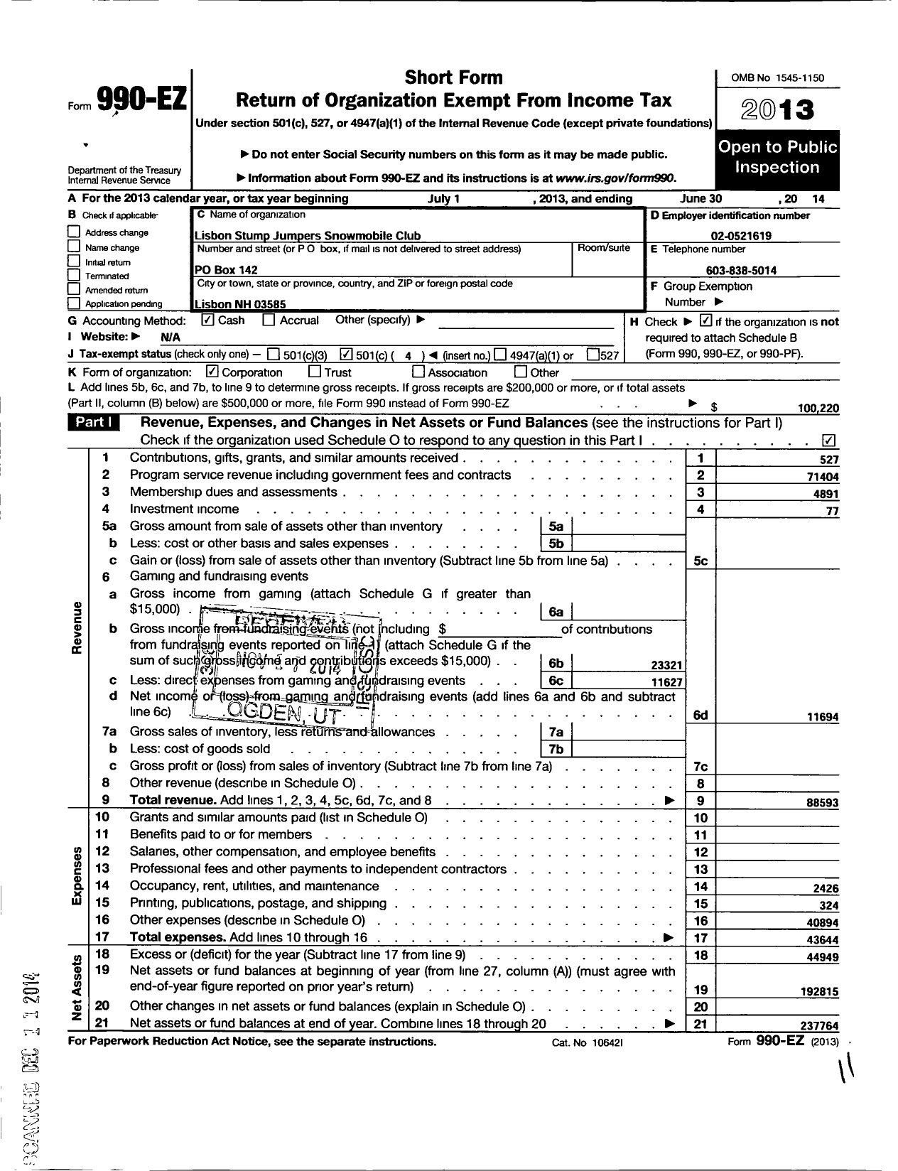 Image of first page of 2013 Form 990EO for Lisbon Stump Jumpers