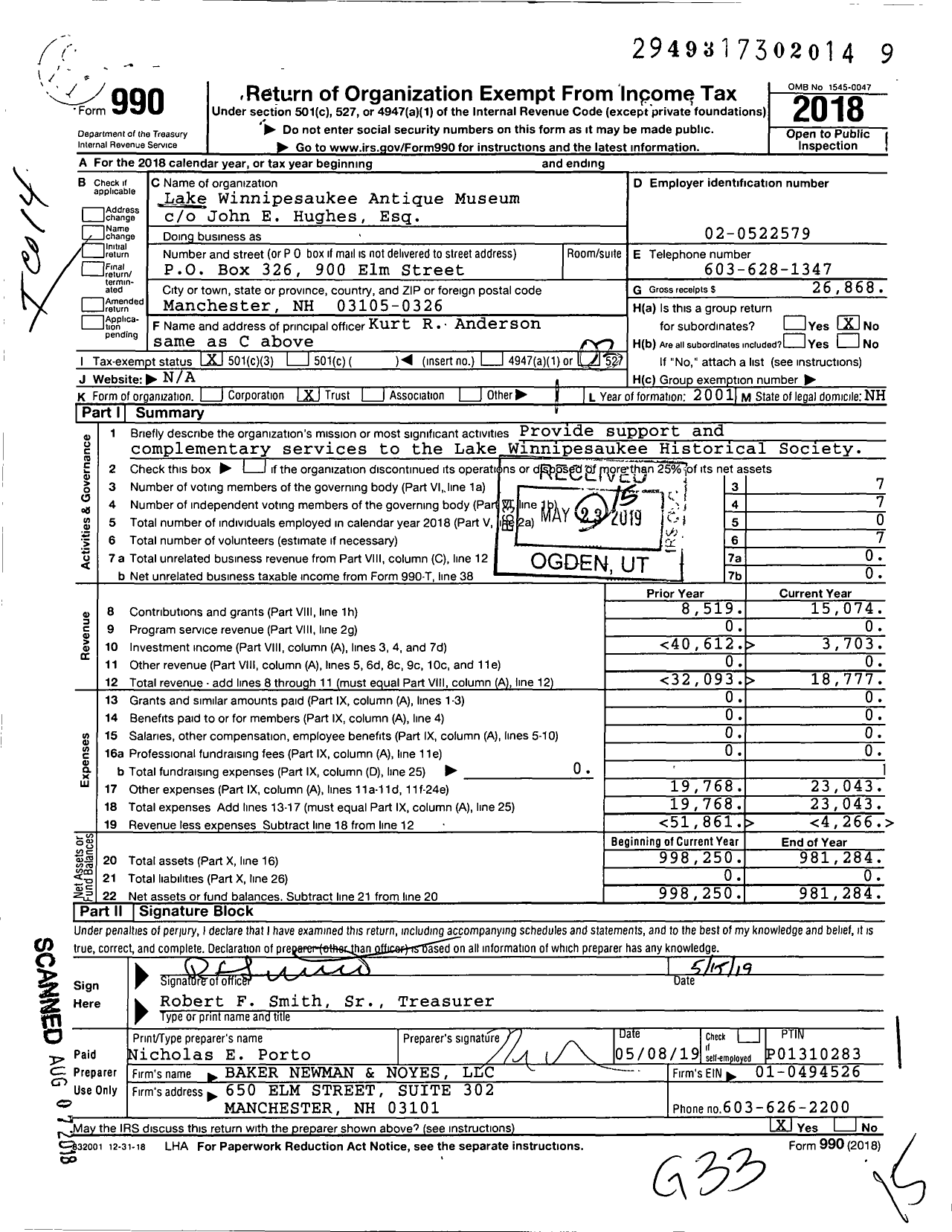 Image of first page of 2018 Form 990 for Lake Winnipesaukee Antique Museum