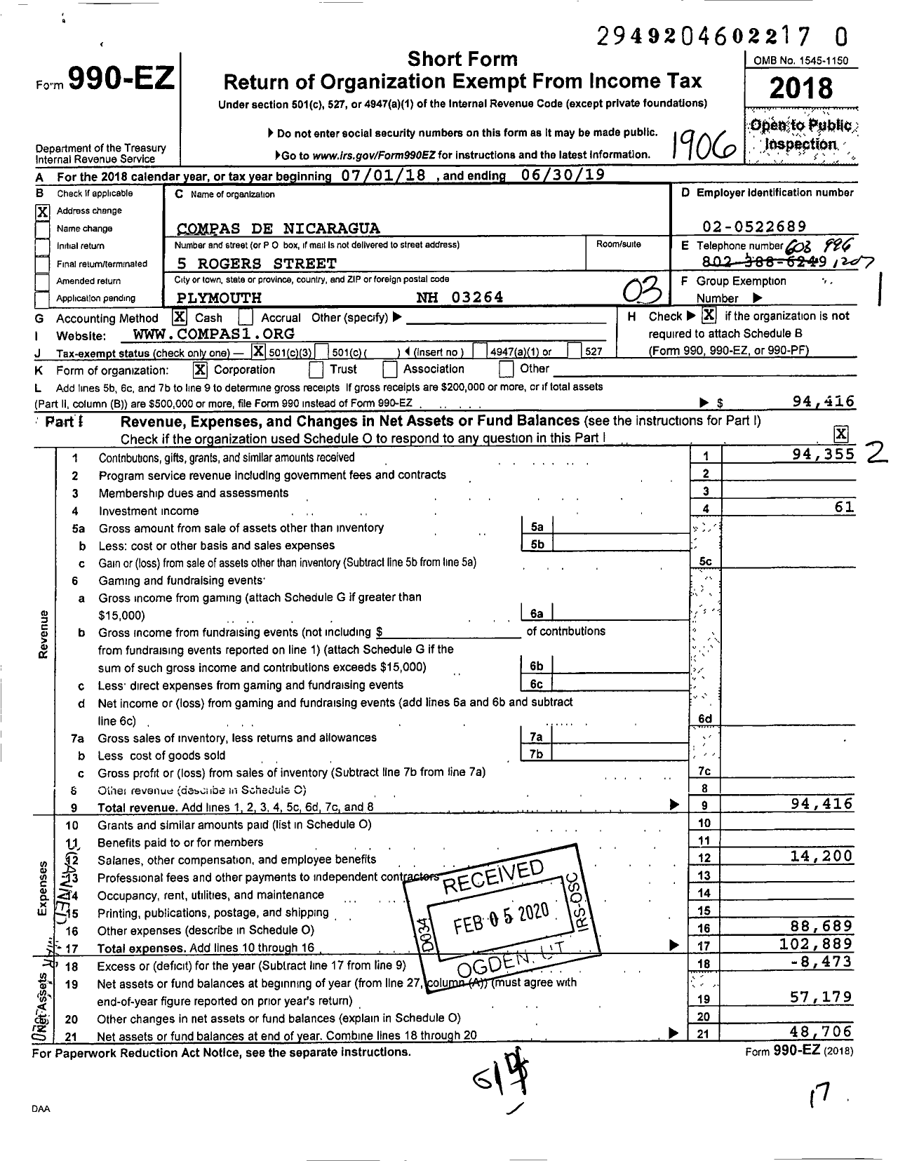 Image of first page of 2018 Form 990EZ for Compas de Nicaragua