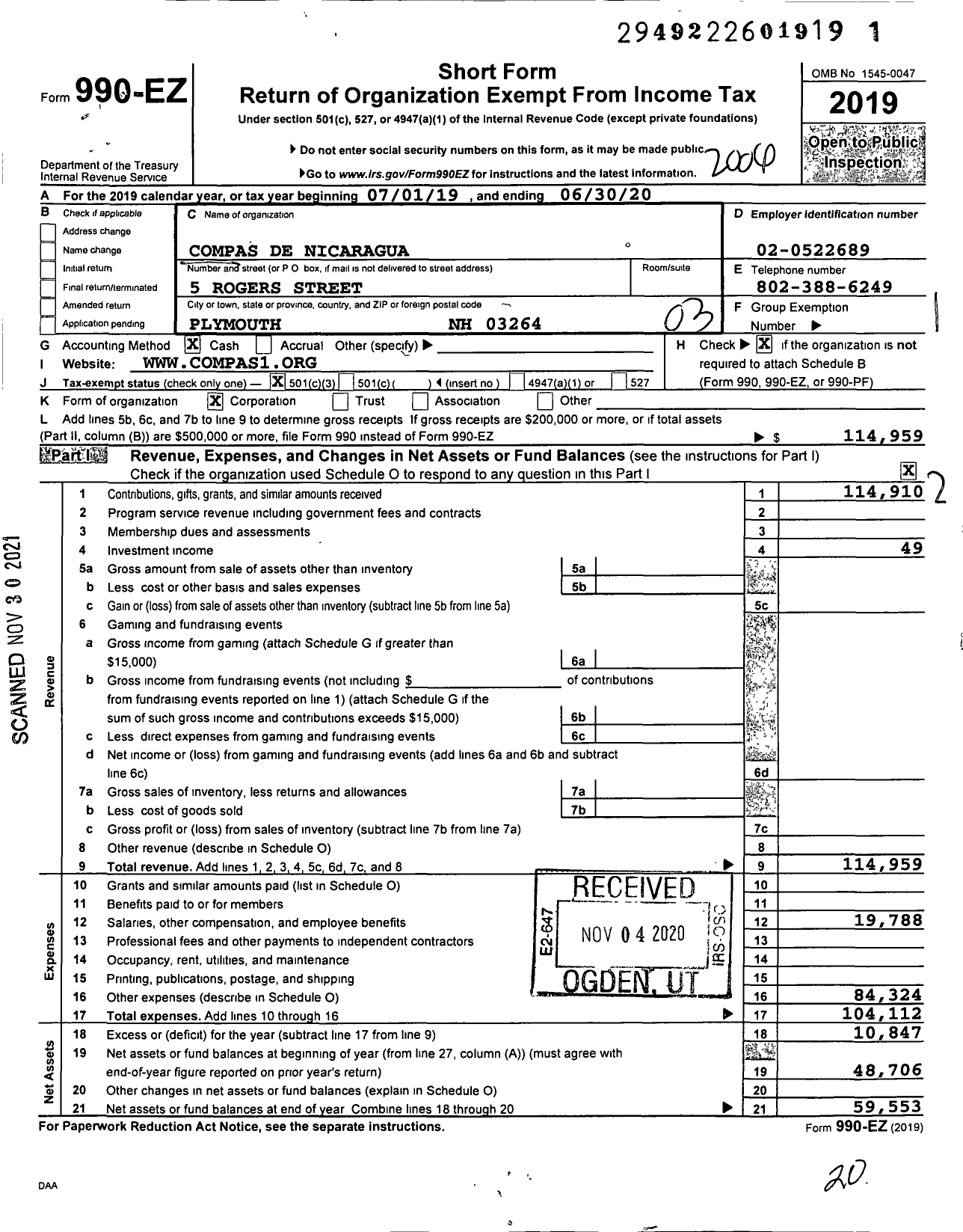 Image of first page of 2019 Form 990EZ for Compas de Nicaragua