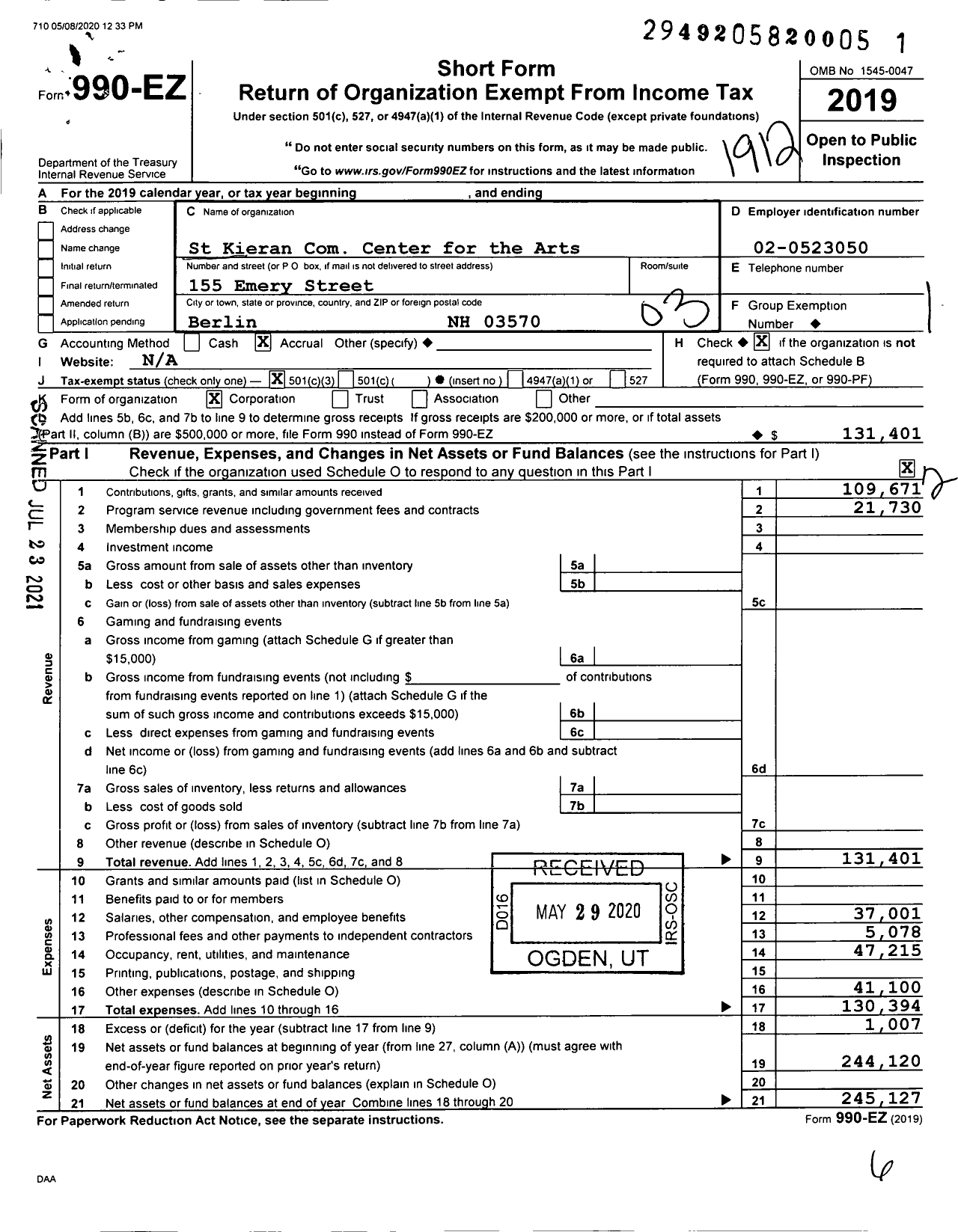 Image of first page of 2019 Form 990EZ for St Kieran Com Center for the Arts