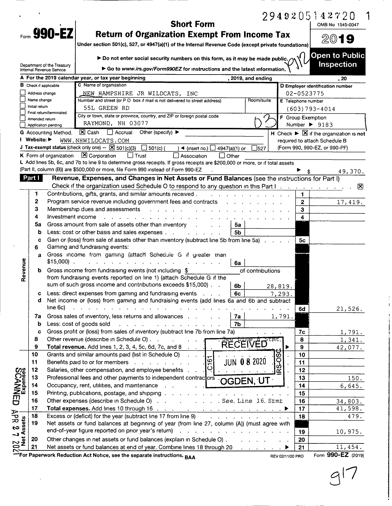 Image of first page of 2019 Form 990EZ for Hampstead Wildcats