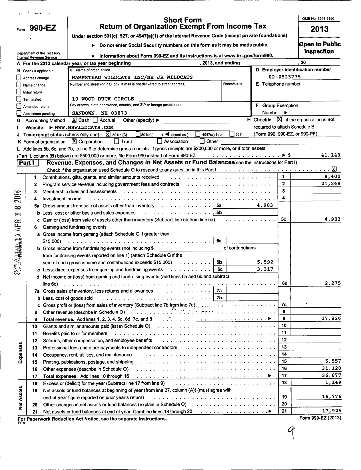 Image of first page of 2013 Form 990EZ for Hampstead Wildcats