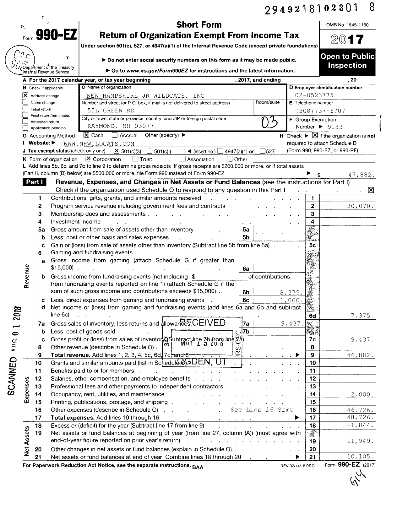 Image of first page of 2017 Form 990EZ for Hampstead Wildcats