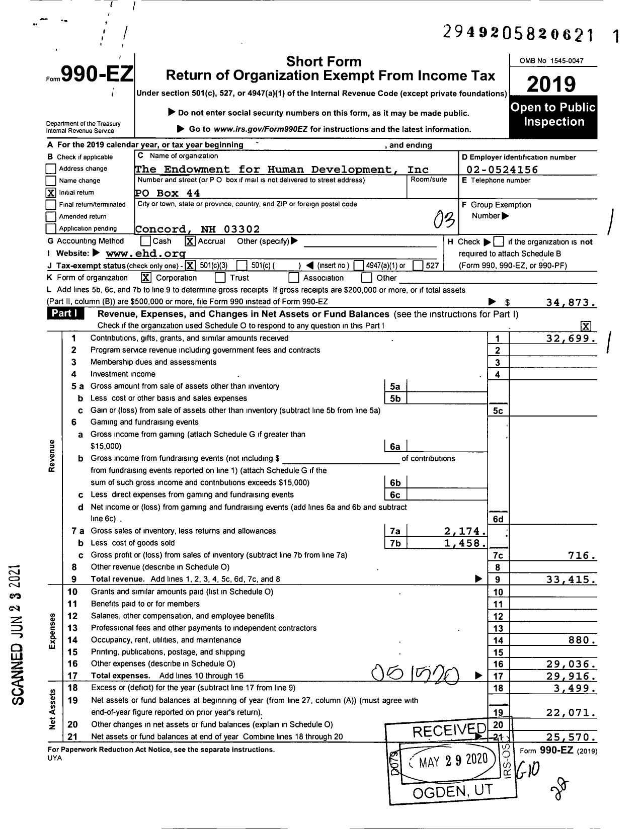 Image of first page of 2019 Form 990EZ for The Endowment for Human Development (EHD)