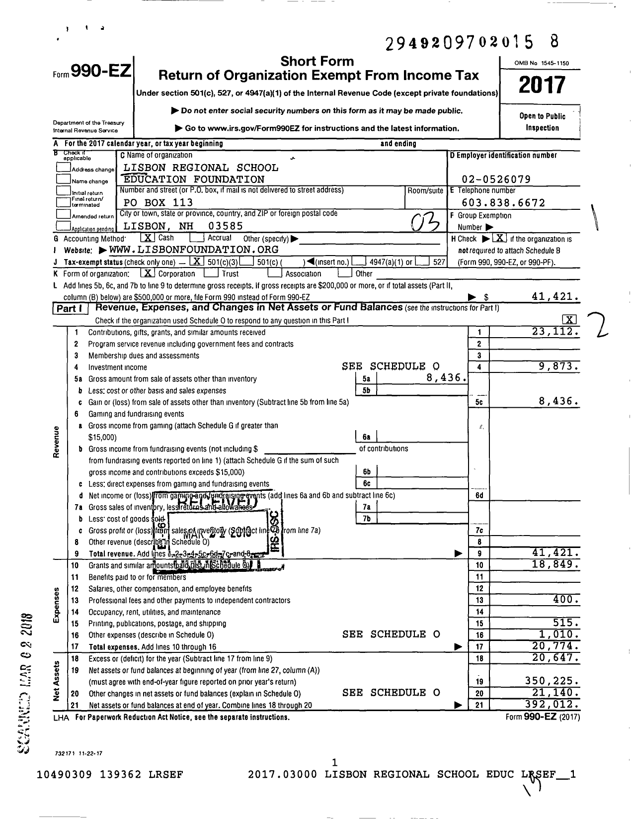 Image of first page of 2017 Form 990EZ for Lisbon Regional School Education Foundation