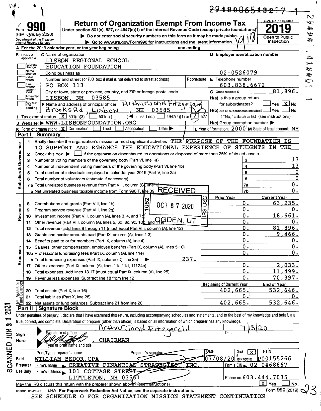 Image of first page of 2019 Form 990 for Lisbon Regional School Education Foundation