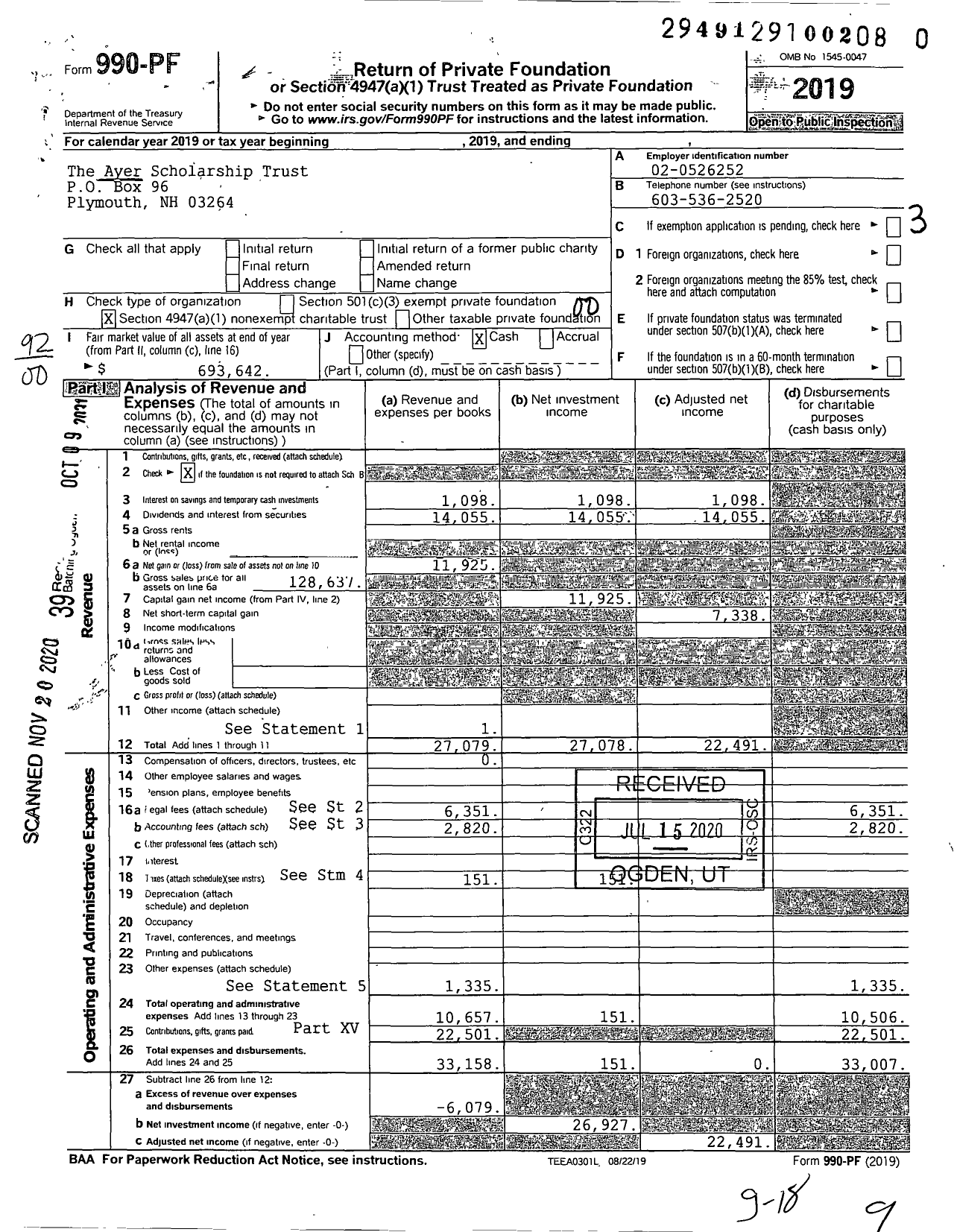 Image of first page of 2019 Form 990PF for The Ayer Scholarship Trust