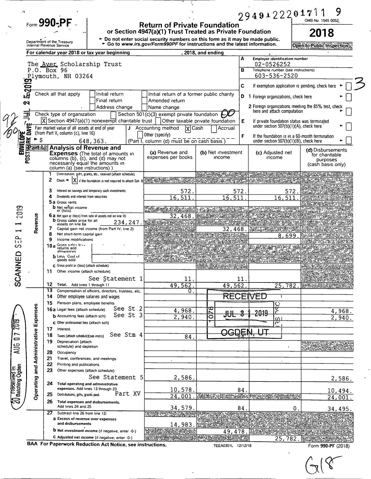 Image of first page of 2018 Form 990PF for The Ayer Scholarship Trust