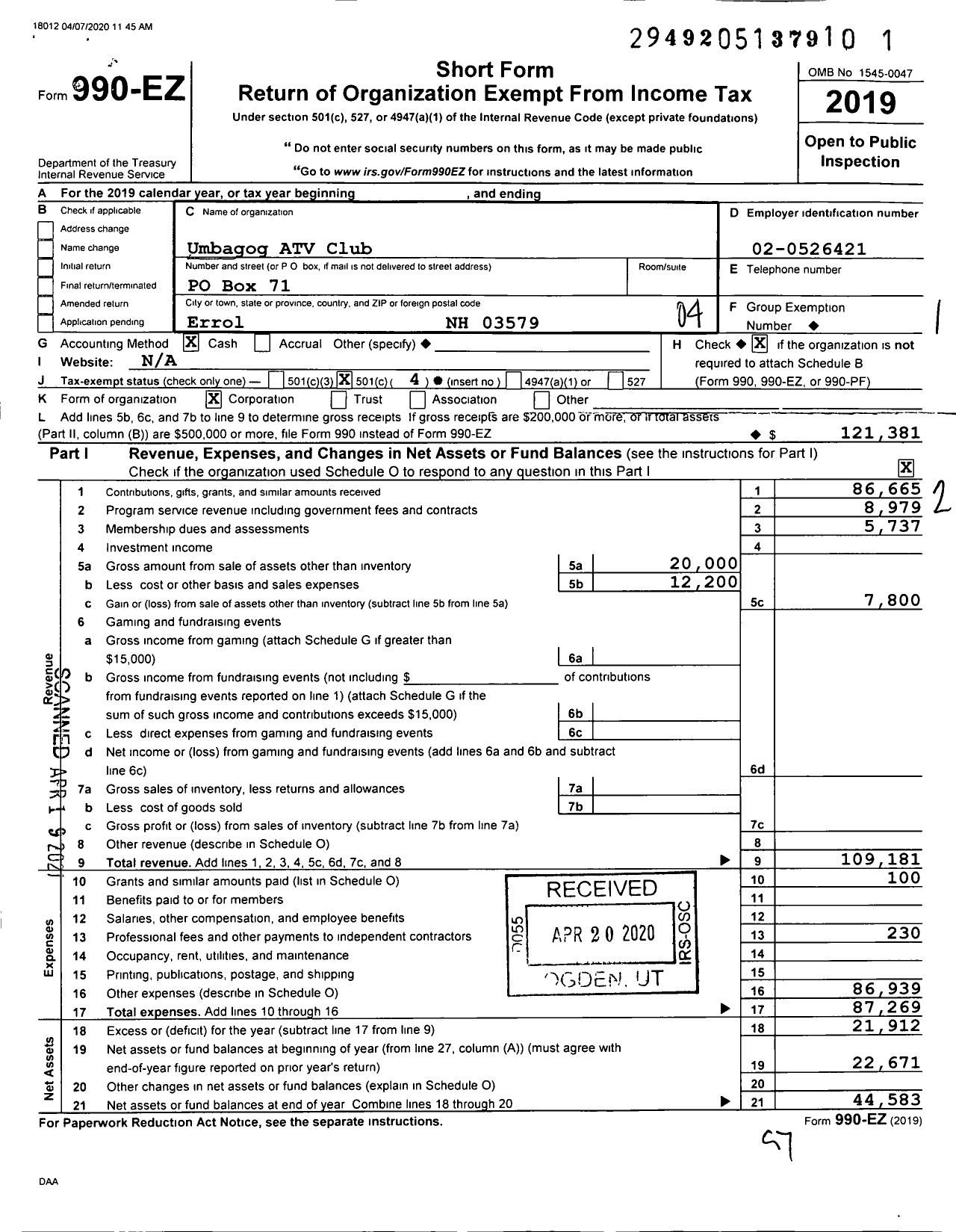 Image of first page of 2019 Form 990EO for Umbagog Atv Club