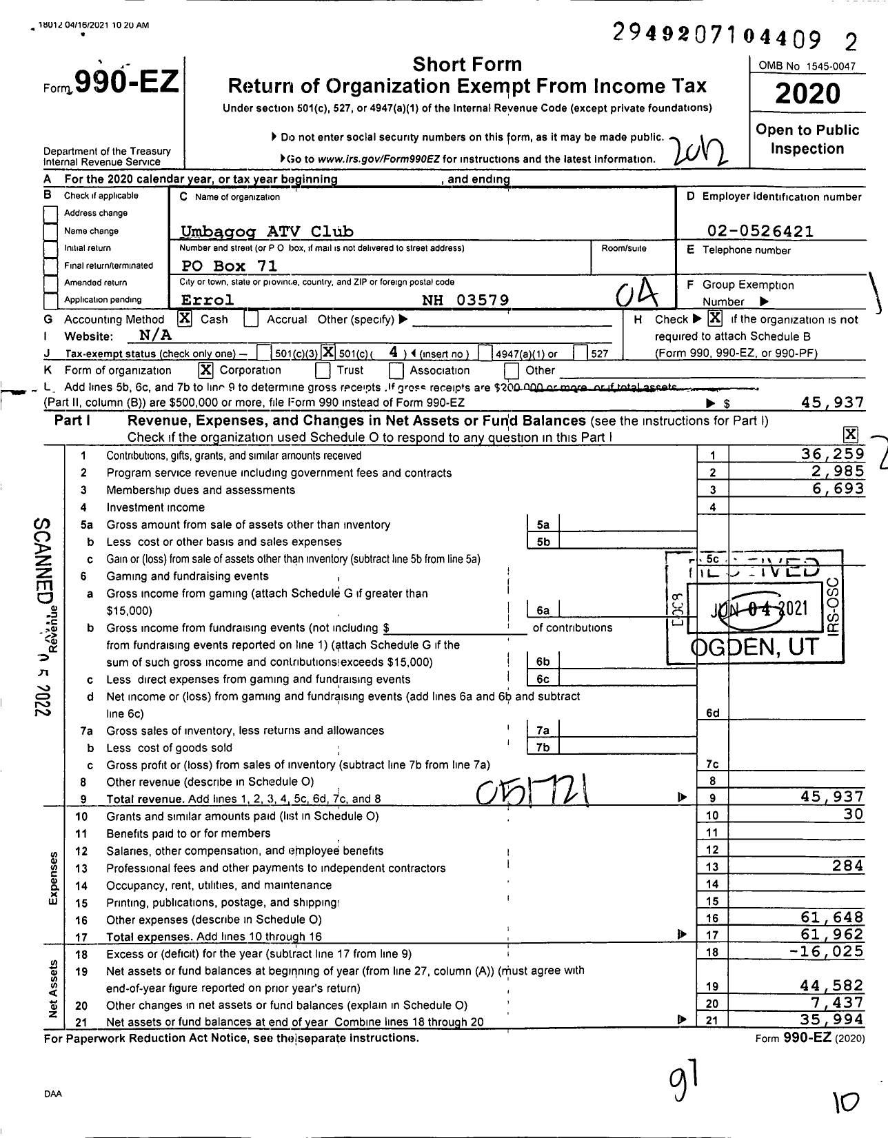 Image of first page of 2020 Form 990EO for Umbagog Atv Club