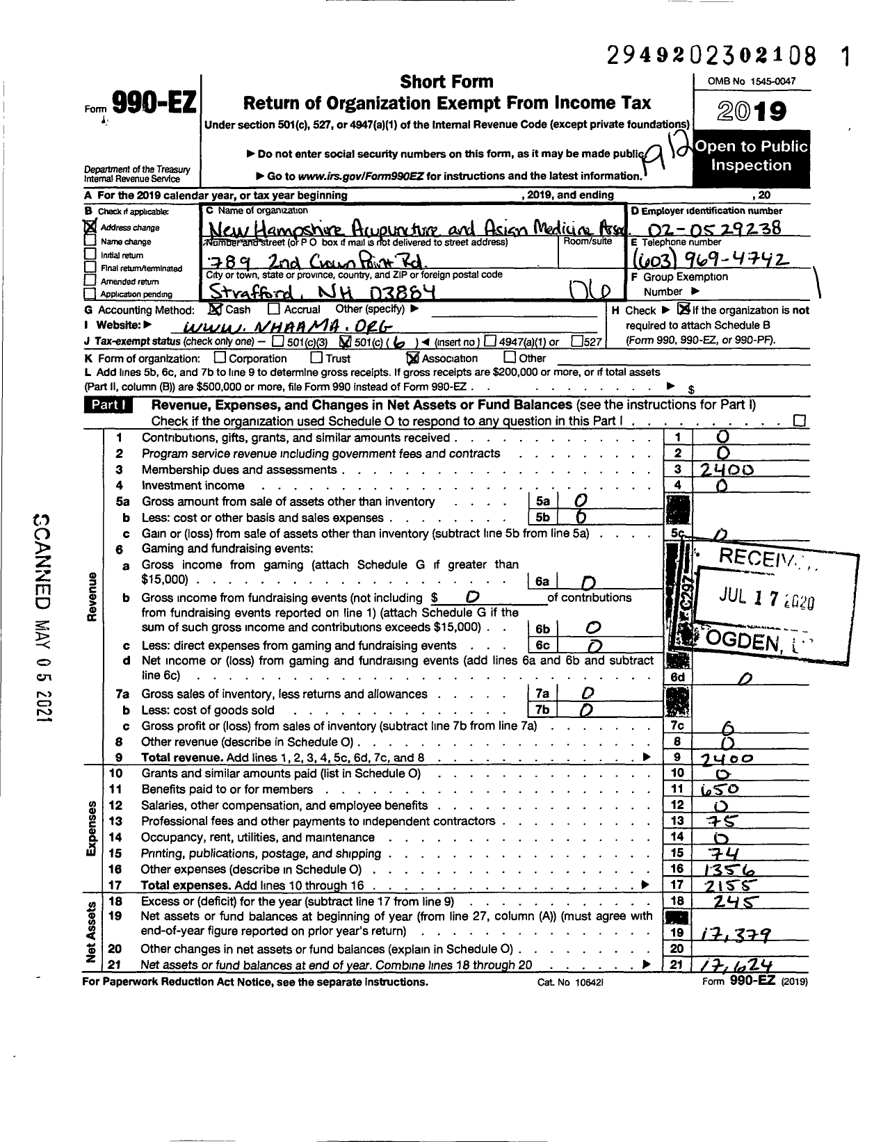 Image of first page of 2019 Form 990EO for New Hampshire Acupuncture and Asian Medicine Association