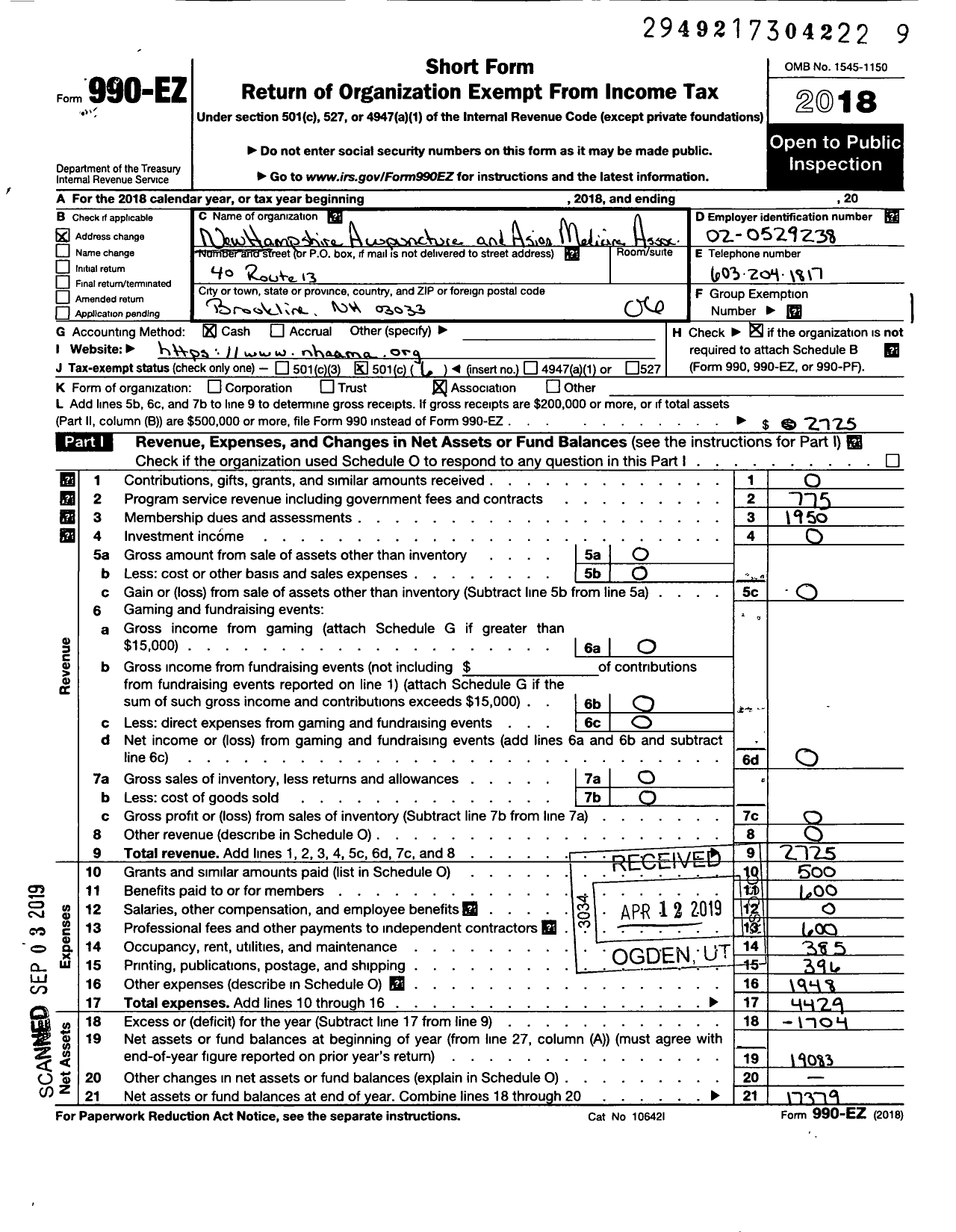 Image of first page of 2018 Form 990EO for New Hampshire Acupuncture and Asian Medicine Association