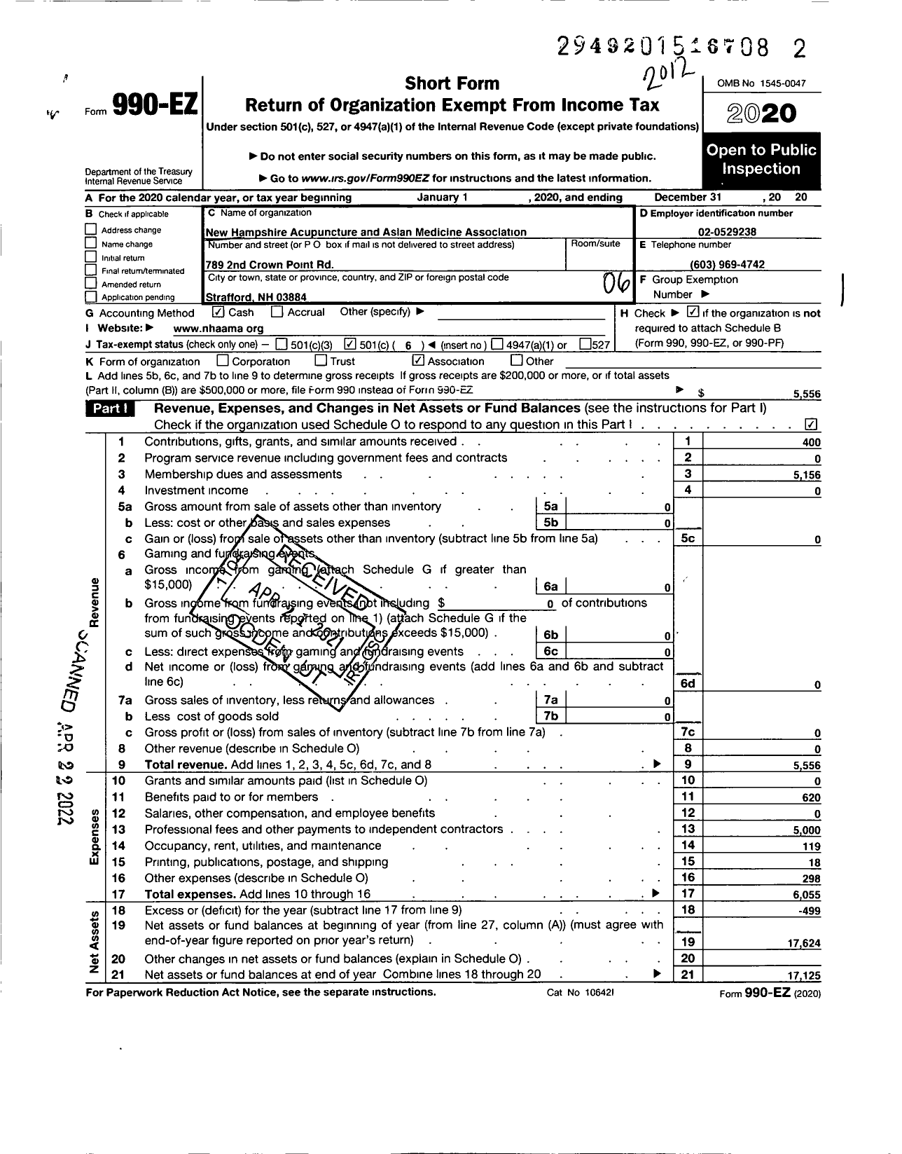 Image of first page of 2020 Form 990EO for New Hampshire Acupuncture and Asian Medicine Association