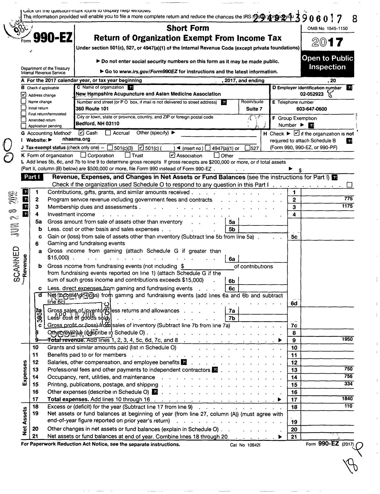 Image of first page of 2017 Form 990EO for New Hampshire Acupuncture and Asian Medicine Association