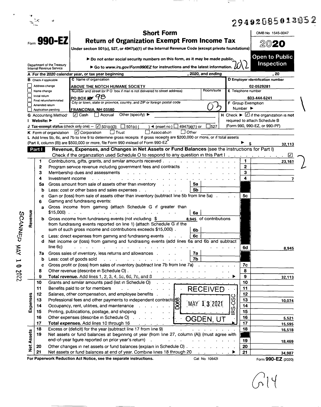 Image of first page of 2020 Form 990EZ for Above the Notch Humane Society