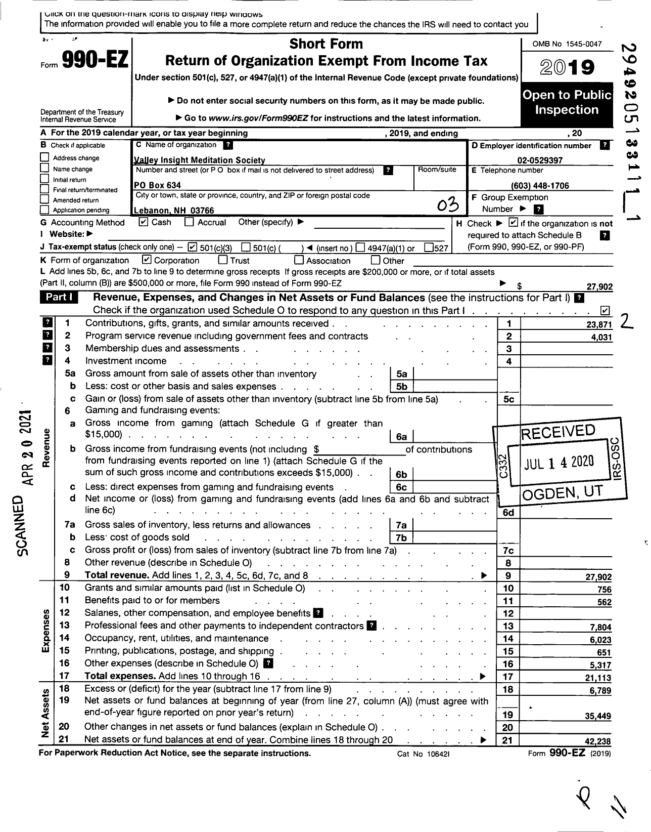 Image of first page of 2019 Form 990EZ for Valley Insight Meditation Society