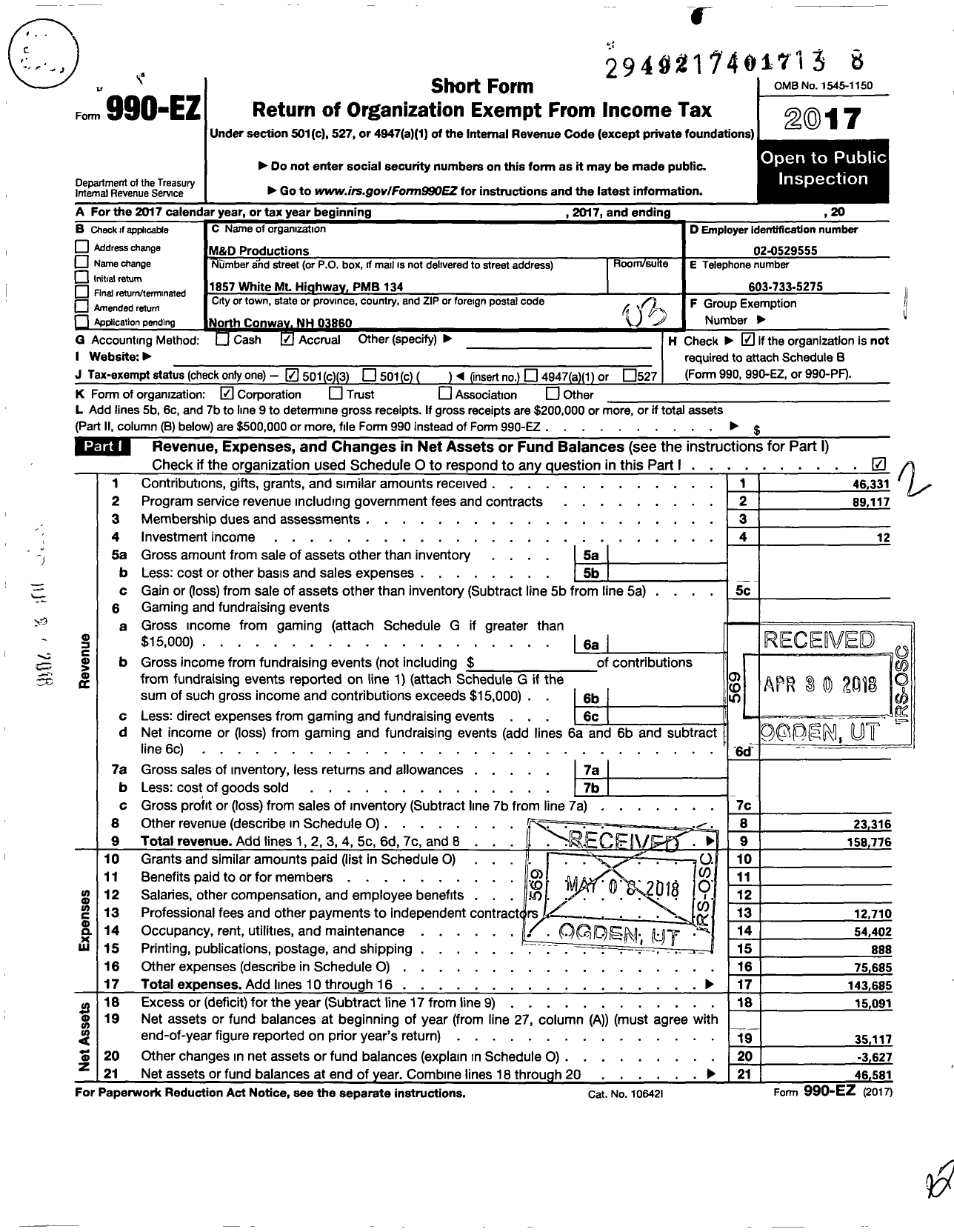 Image of first page of 2017 Form 990EZ for M&D Productions