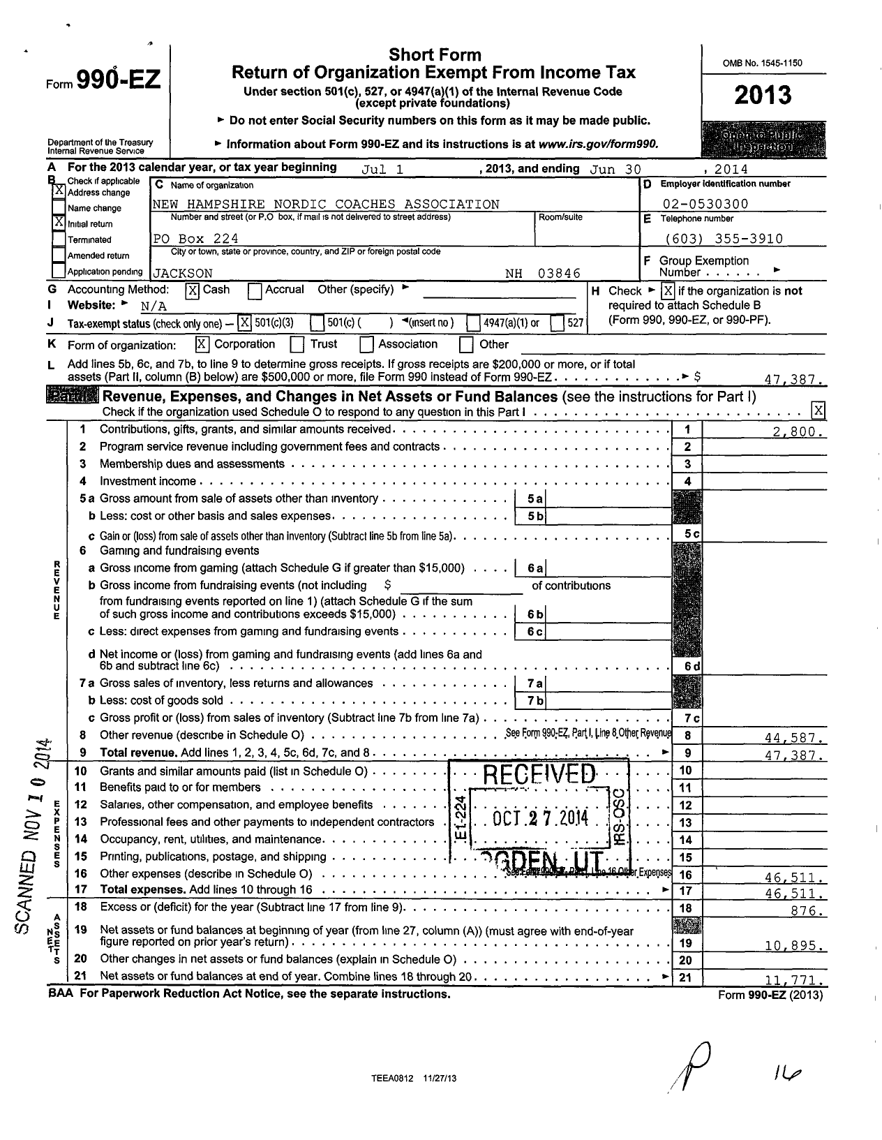 Image of first page of 2013 Form 990EZ for NH Nordic Coaches Association