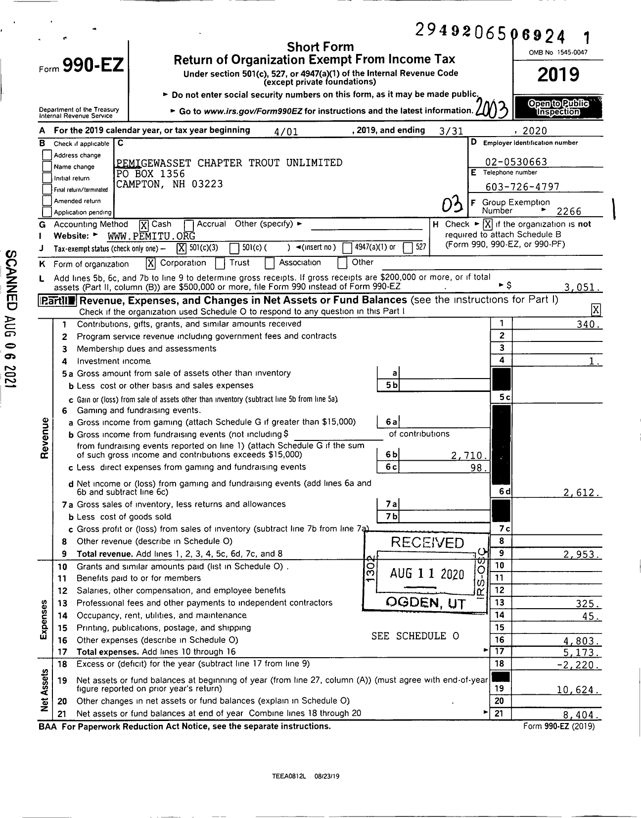 Image of first page of 2019 Form 990EZ for Trout Unlimited - 726 Pemigewasset