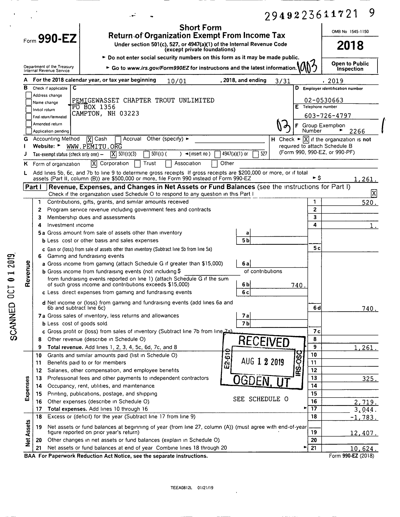 Image of first page of 2018 Form 990EZ for Trout Unlimited - 726 Pemigewasset