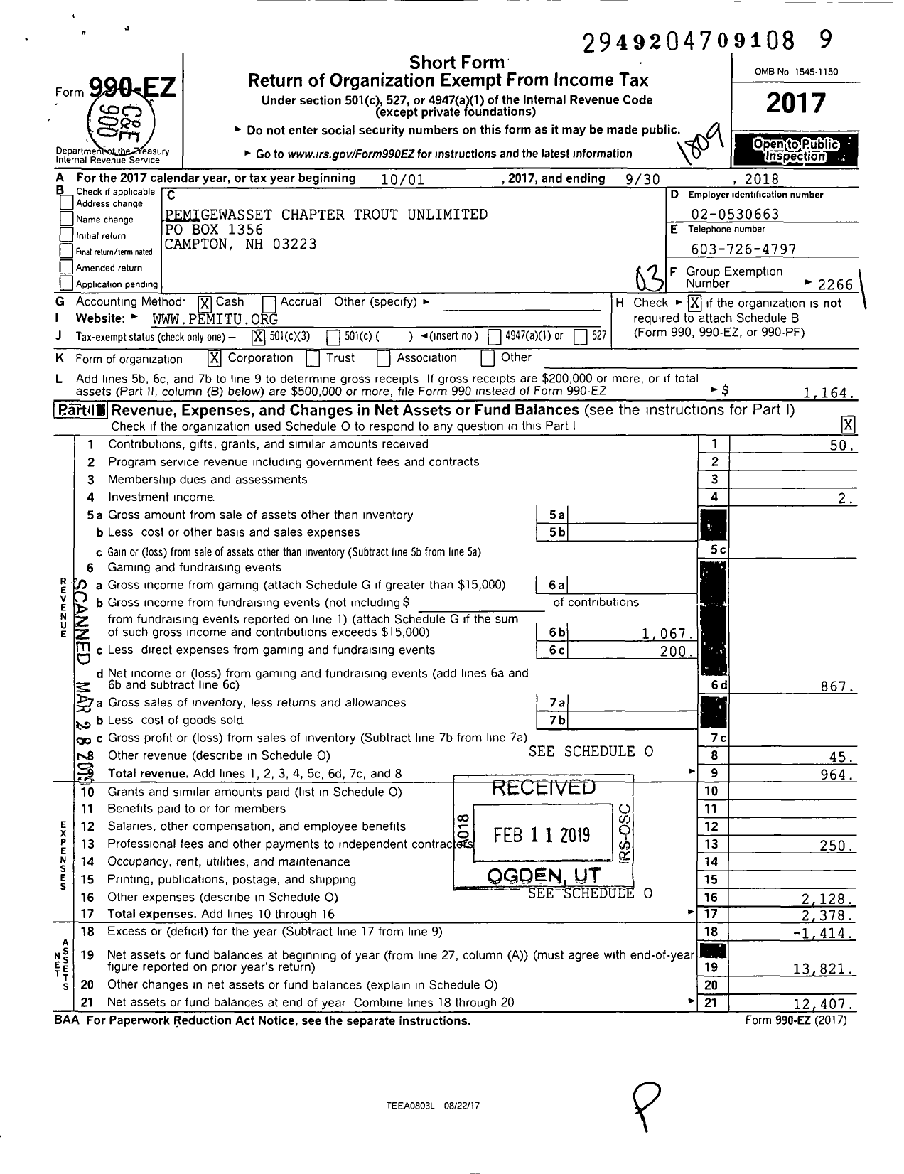 Image of first page of 2017 Form 990EZ for Trout Unlimited - 726 Pemigewasset