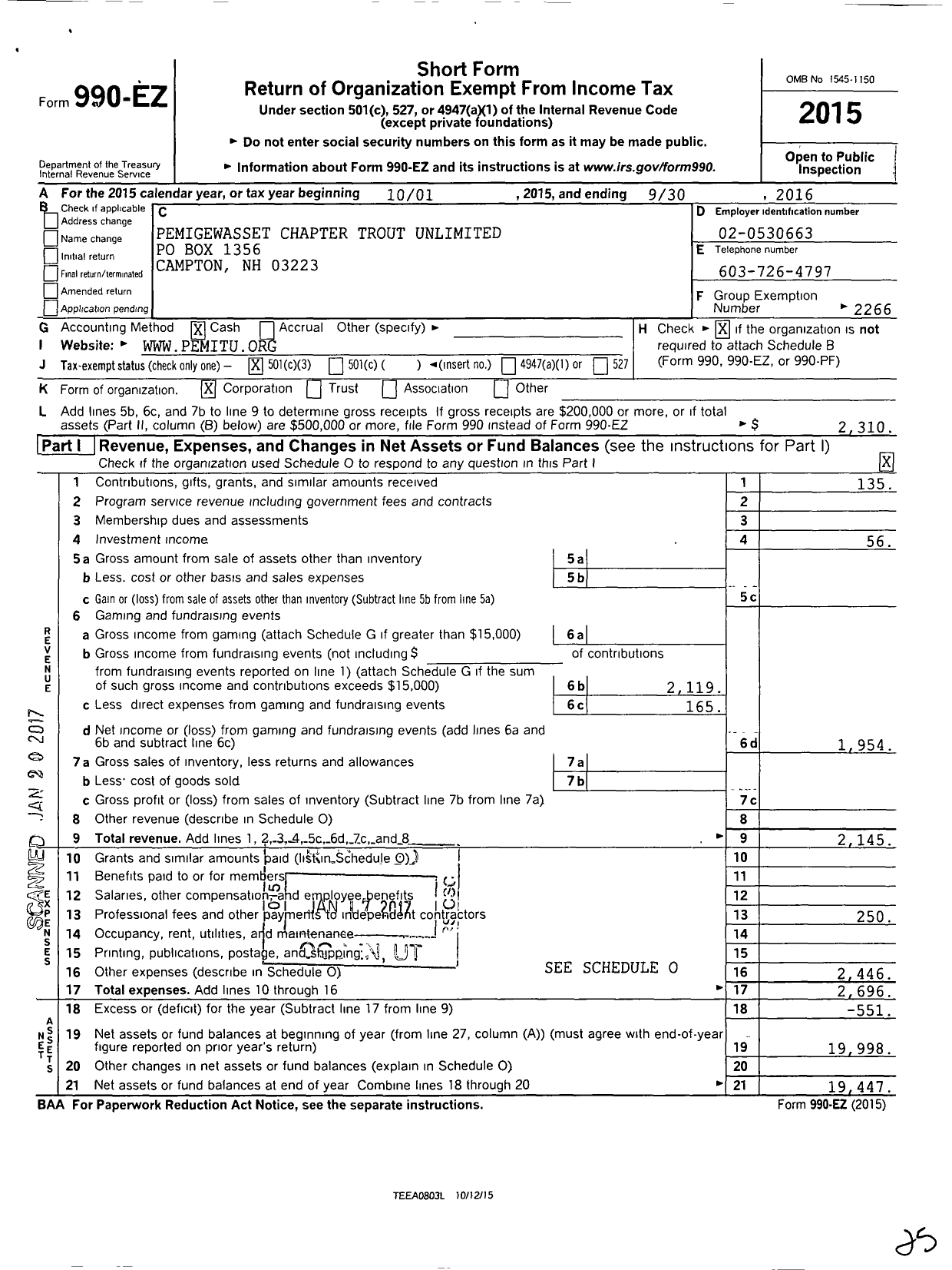 Image of first page of 2015 Form 990EZ for Trout Unlimited - 726 Pemigewasset