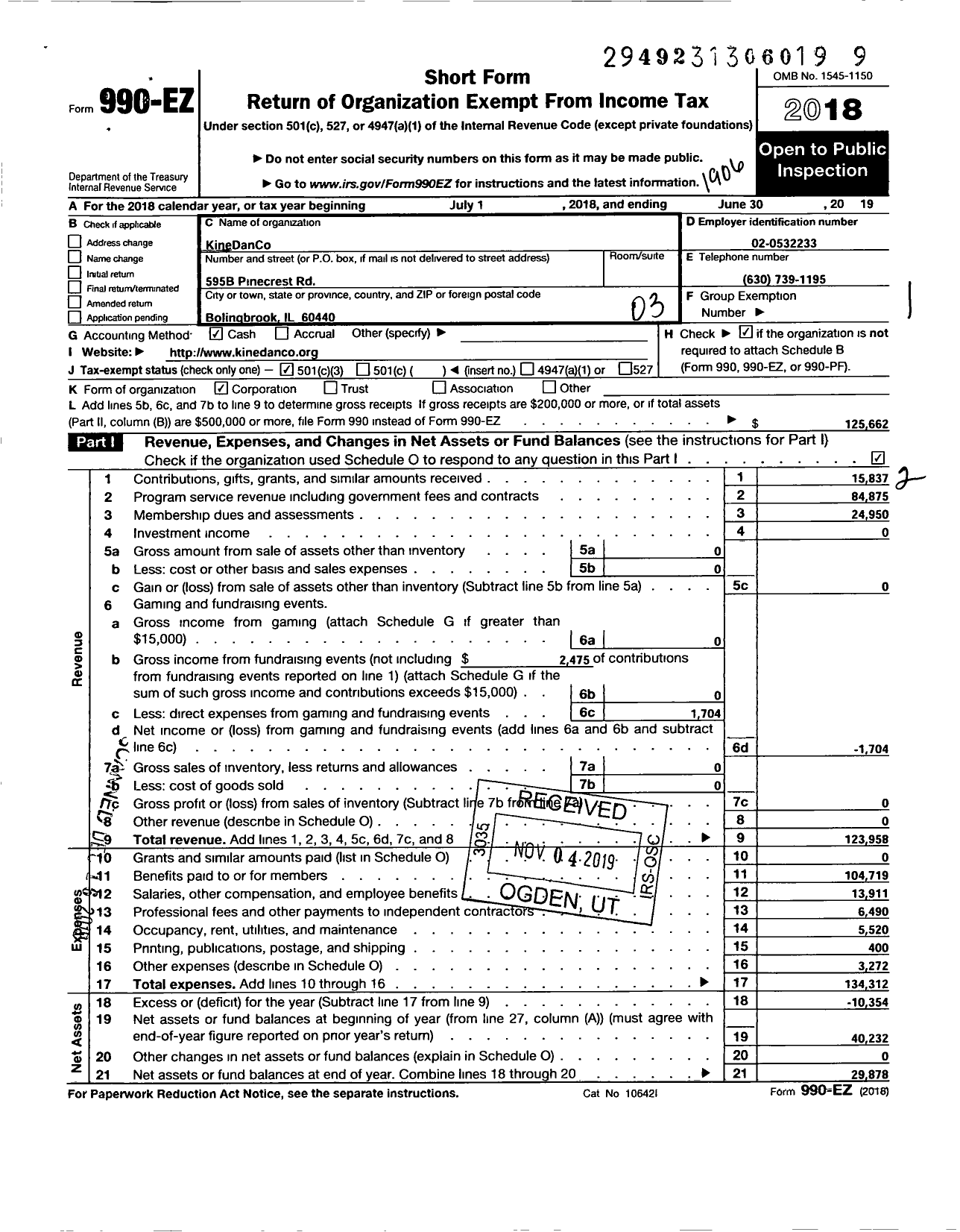 Image of first page of 2018 Form 990EZ for Kinedanco