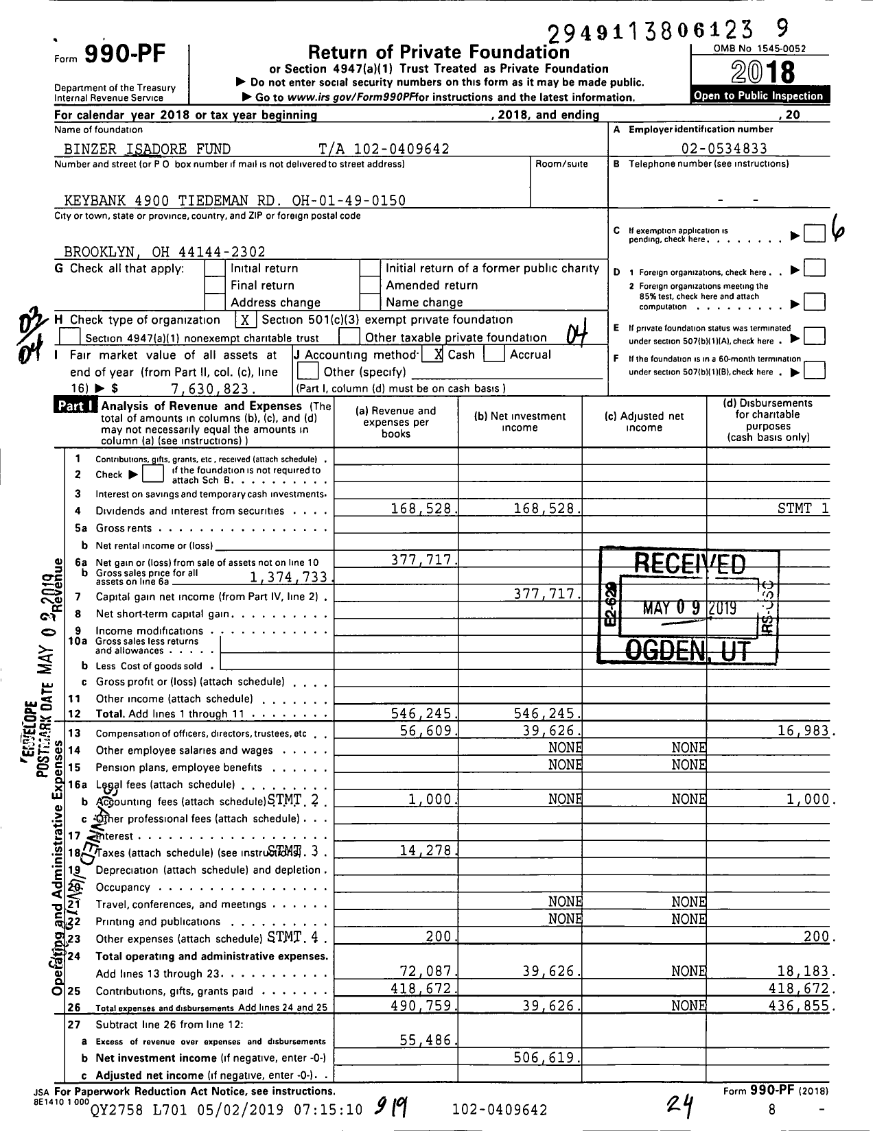 Image of first page of 2018 Form 990PF for Binzer Isadore Fund Ta
