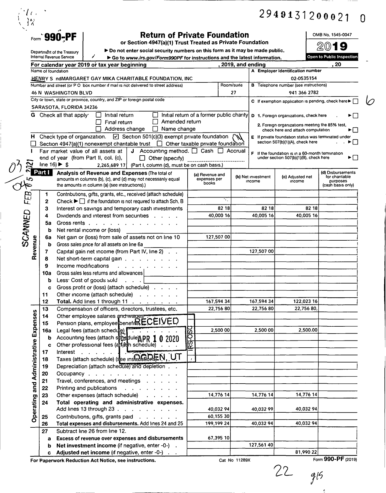 Image of first page of 2019 Form 990PF for Henry S and Margaret Gay Mika Charitable Foundation