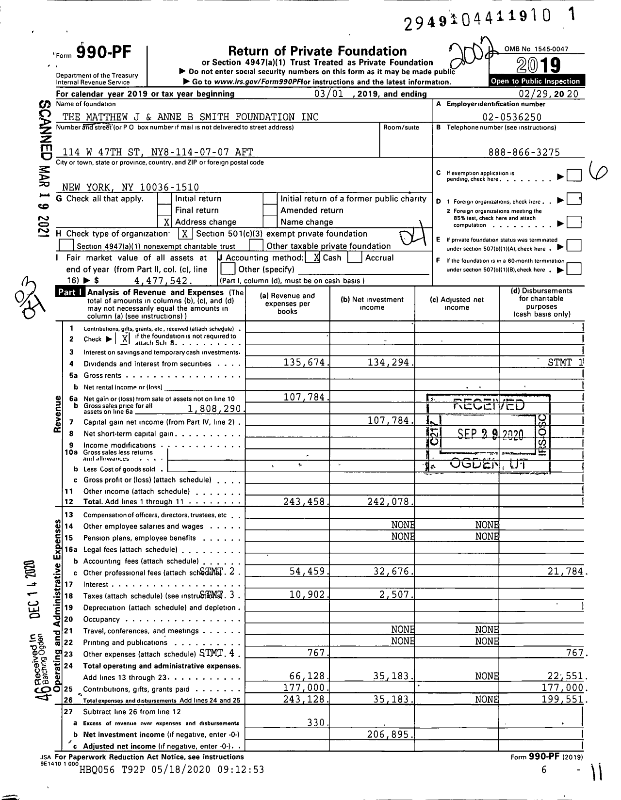 Image of first page of 2019 Form 990PF for The Matthew J and Anne B Smith Foundation