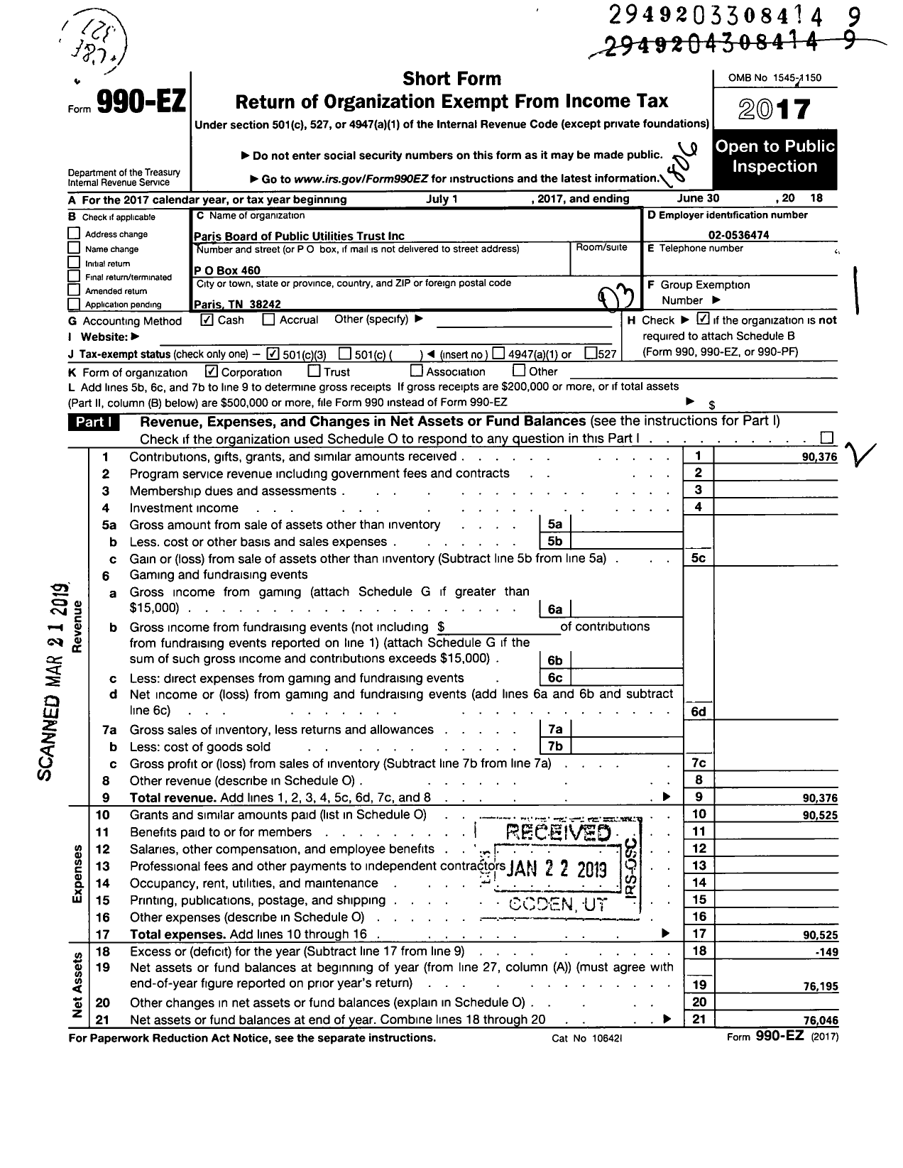 Image of first page of 2017 Form 990EZ for Paris Board of Public Utilities Trust