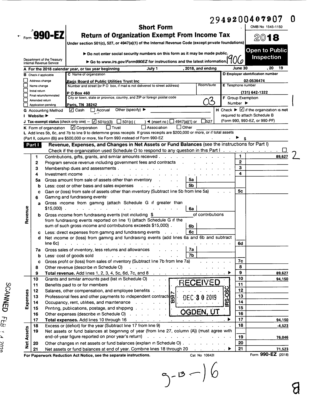 Image of first page of 2018 Form 990EZ for Paris Board of Public Utilities Trust