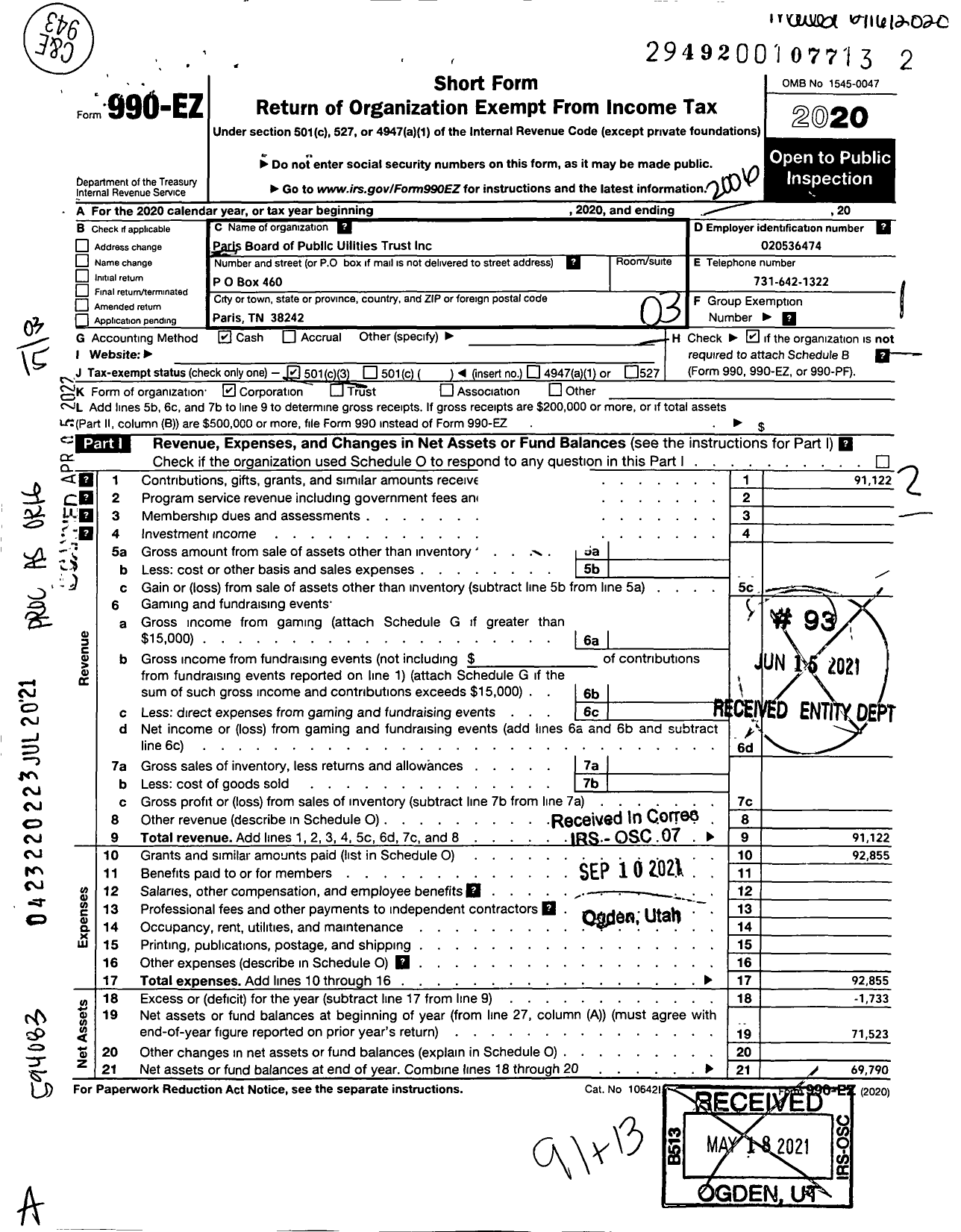 Image of first page of 2019 Form 990EZ for Paris Board of Public Utilities Trust