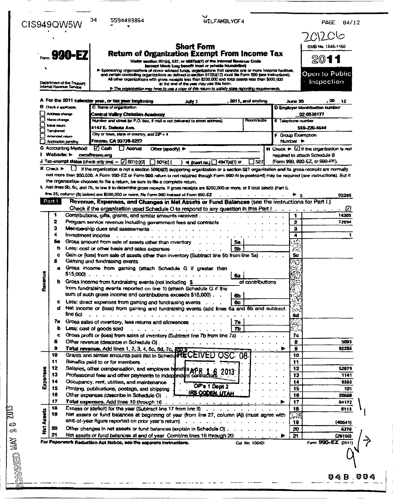 Image of first page of 2011 Form 990EZ for Central Valley Christian Academy