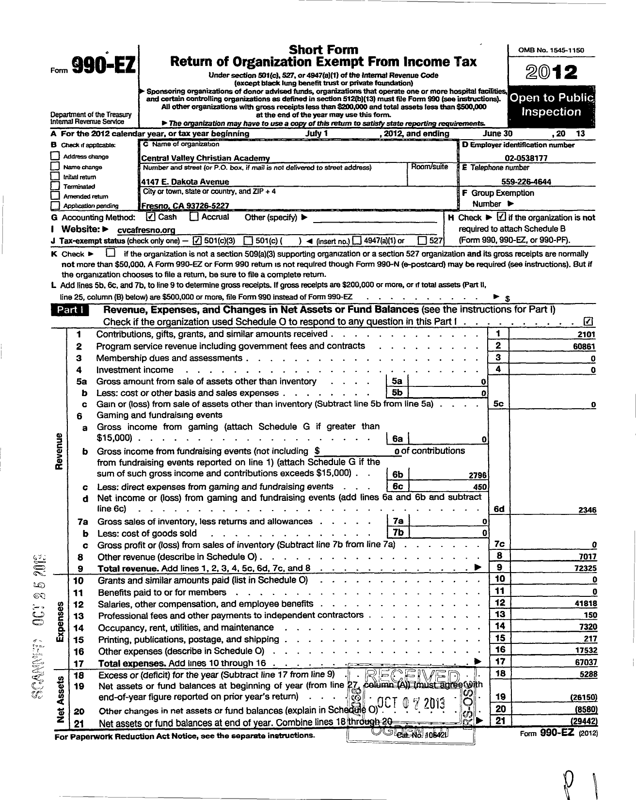 Image of first page of 2012 Form 990EZ for Central Valley Christian Academy