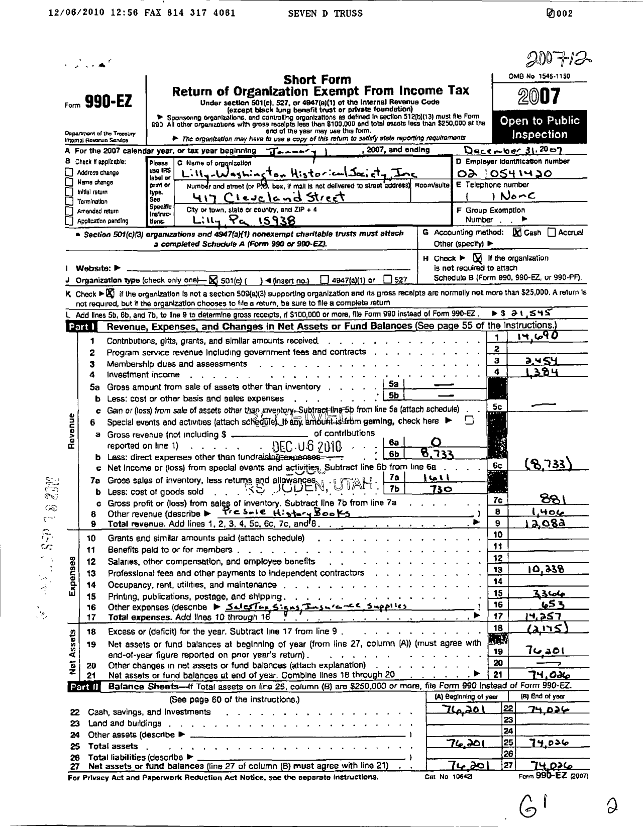 Image of first page of 2007 Form 990EO for Lilly-Washington Historical Society