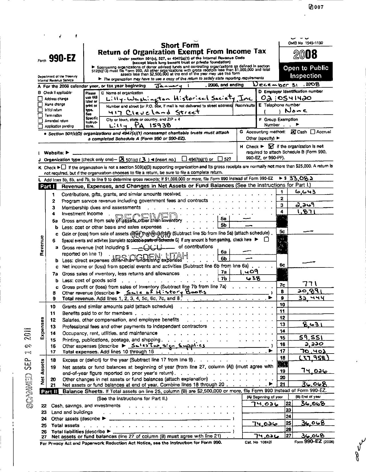 Image of first page of 2008 Form 990EZ for Lilly-Washington Historical Society