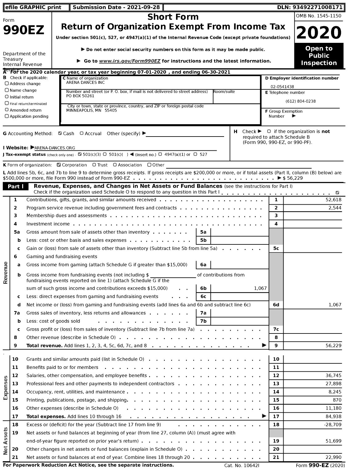 Image of first page of 2020 Form 990EZ for Arena Dances