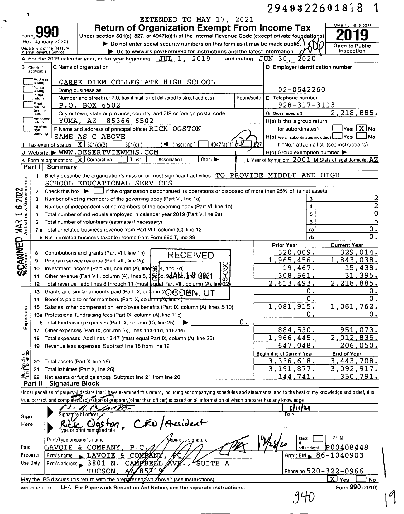 Image of first page of 2019 Form 990 for Carpe Diem Collegiate High School