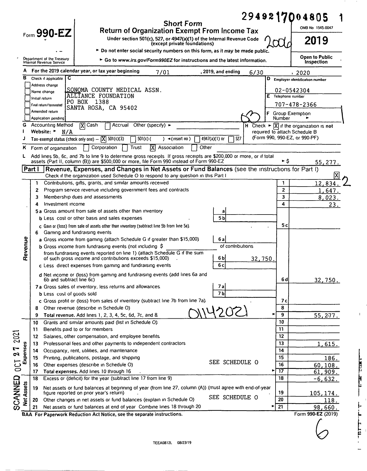 Image of first page of 2019 Form 990EZ for Sonoma County Medical Assn Alliance Foundation