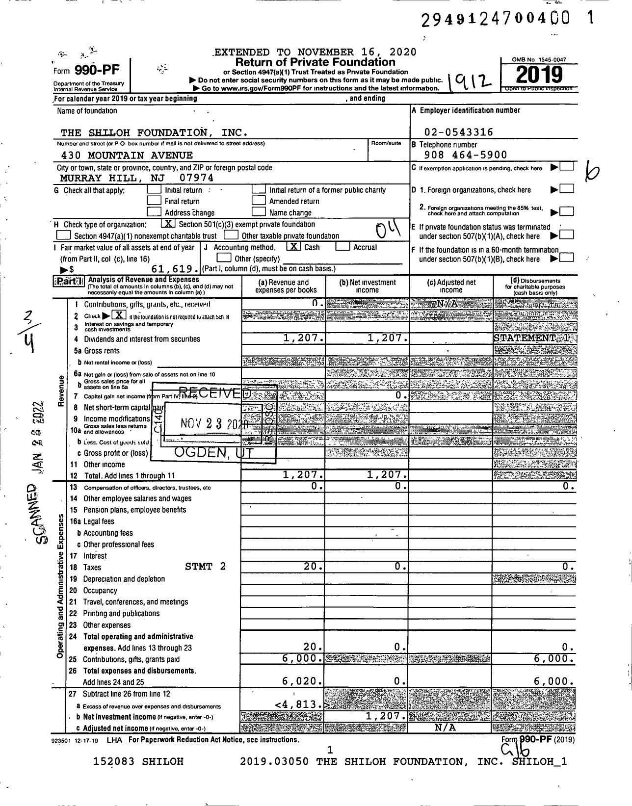 Image of first page of 2019 Form 990PF for The Shiloh Foundation