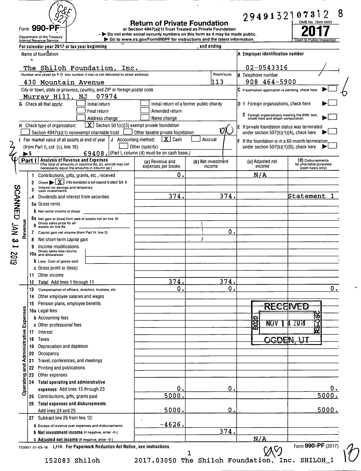 Image of first page of 2017 Form 990PF for The Shiloh Foundation