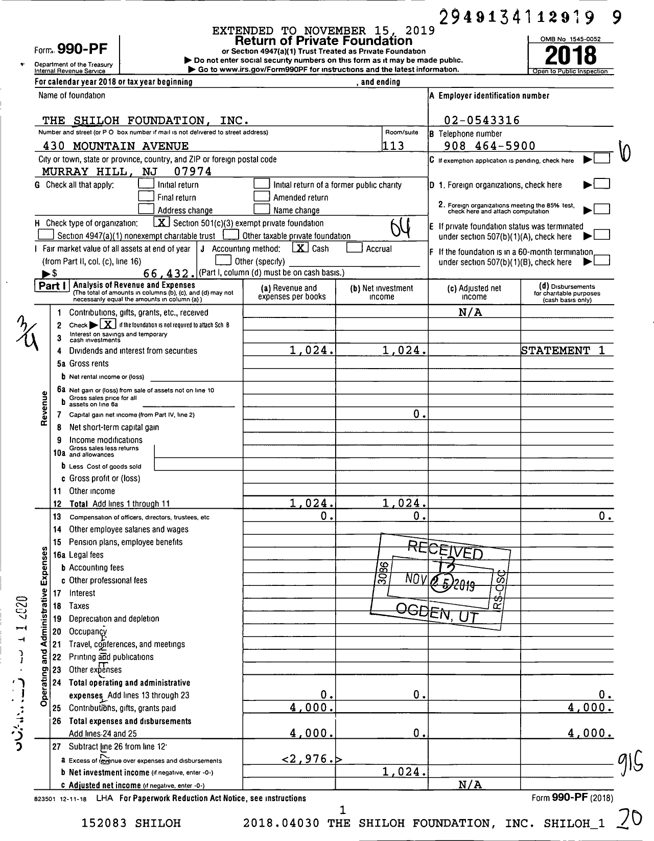 Image of first page of 2018 Form 990PF for The Shiloh Foundation