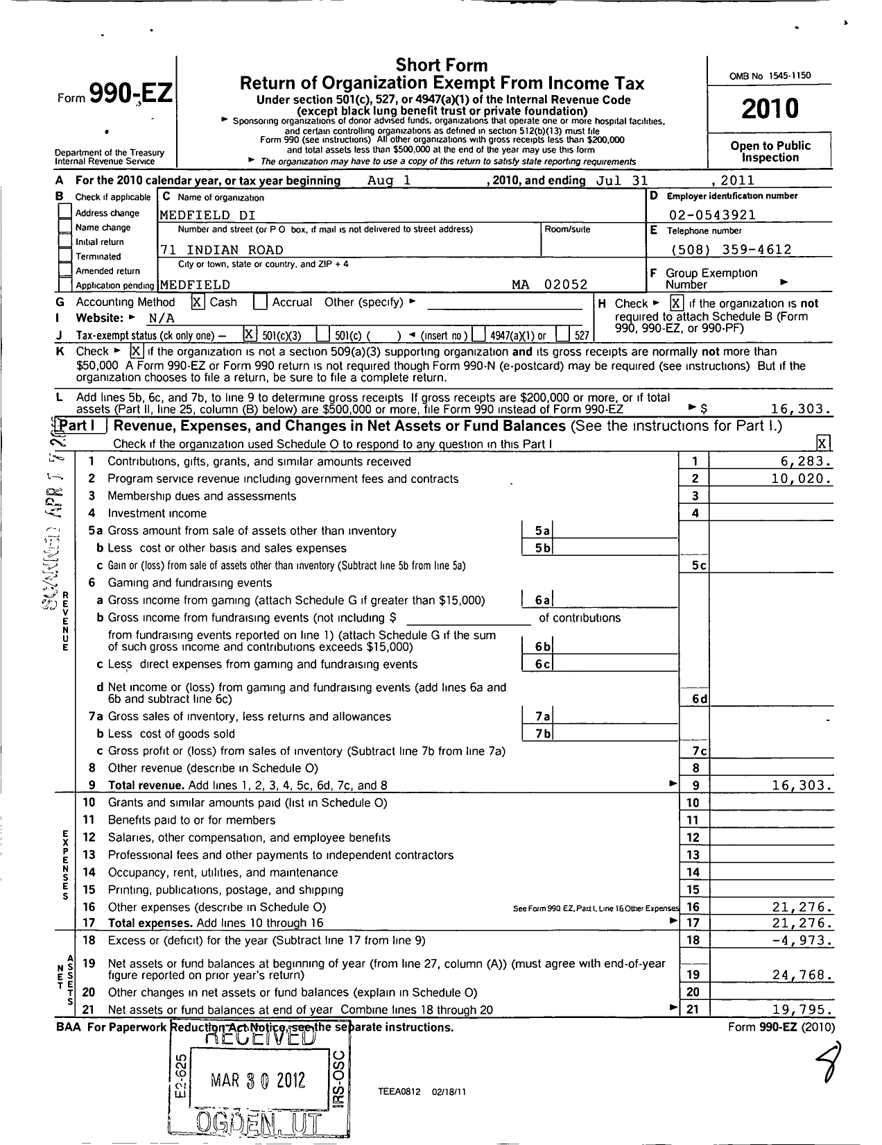 Image of first page of 2010 Form 990EZ for Medfield Di