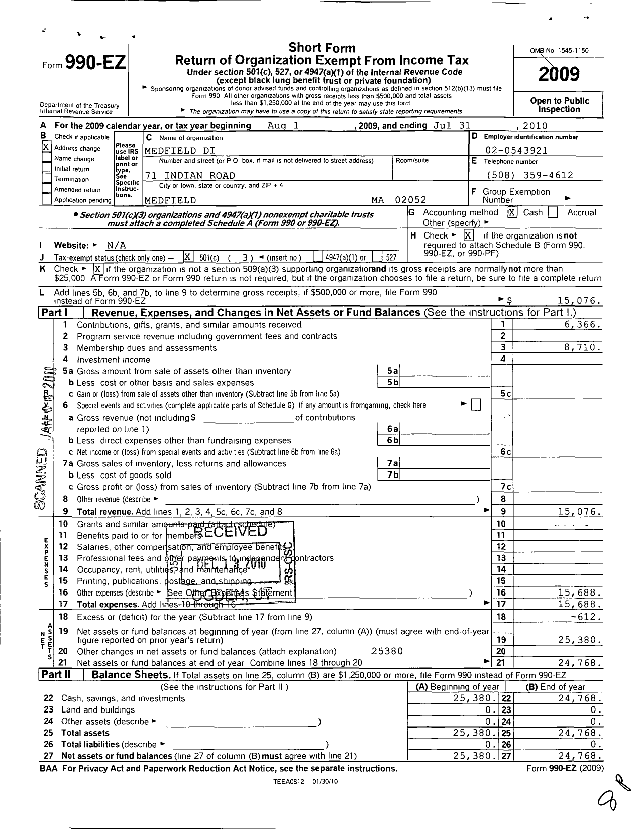 Image of first page of 2009 Form 990EZ for Medfield Di