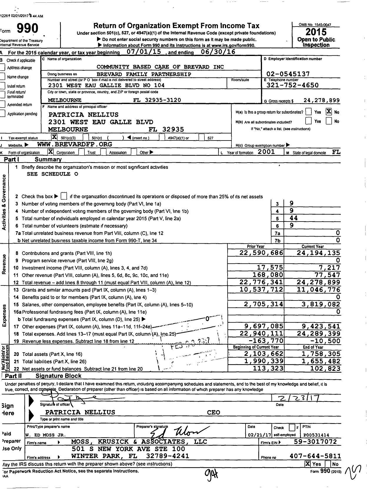 Image of first page of 2015 Form 990 for Brevard Family Partnership